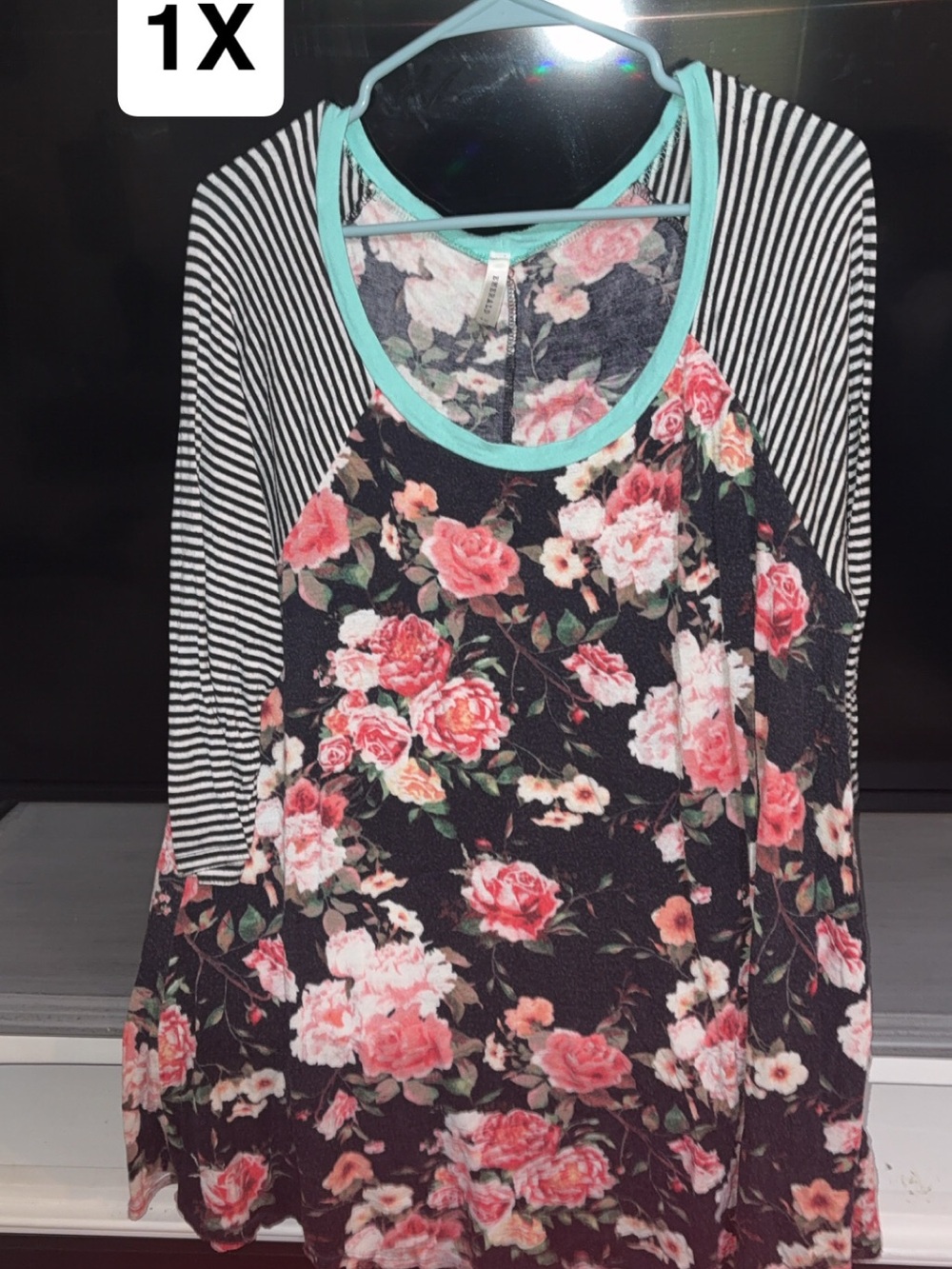 Floral Raglan Women’s Top with Striped Sleeves - Black/Pink
